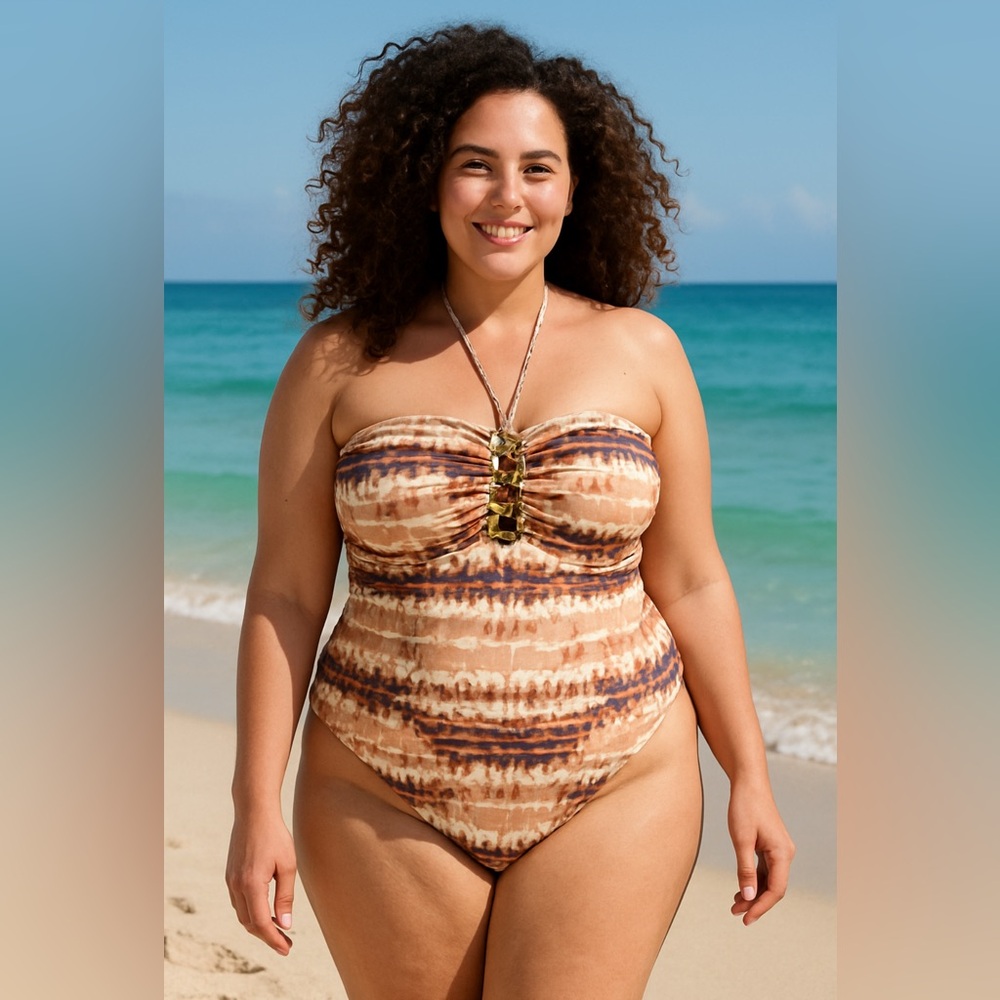 Venus One Piece Slimming Boho Tie Dye Bathing Suit with Gold Accents Size 16